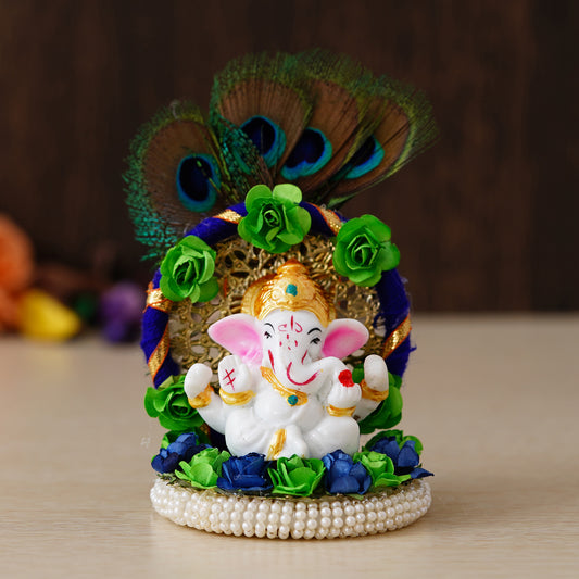 eCraftIndia Lord Ganesha Idol on Decorative Handcrafted Floral Plate with Peacock Feather for Home and Car