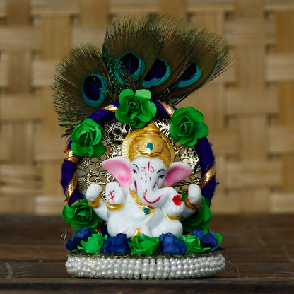 eCraftIndia Lord Ganesha Idol on Decorative Handcrafted Floral Plate with Peacock Feather for Home and Car